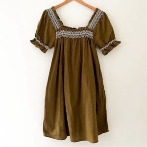 MADEWELL Smocked Neck Puff Sleeve Mini Dress Olive Green Size Small